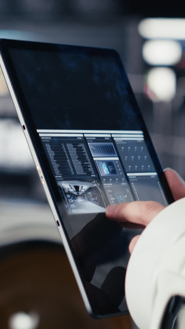 Vertical video Female astronaut performing routine maintenance in starship travelling to Mars