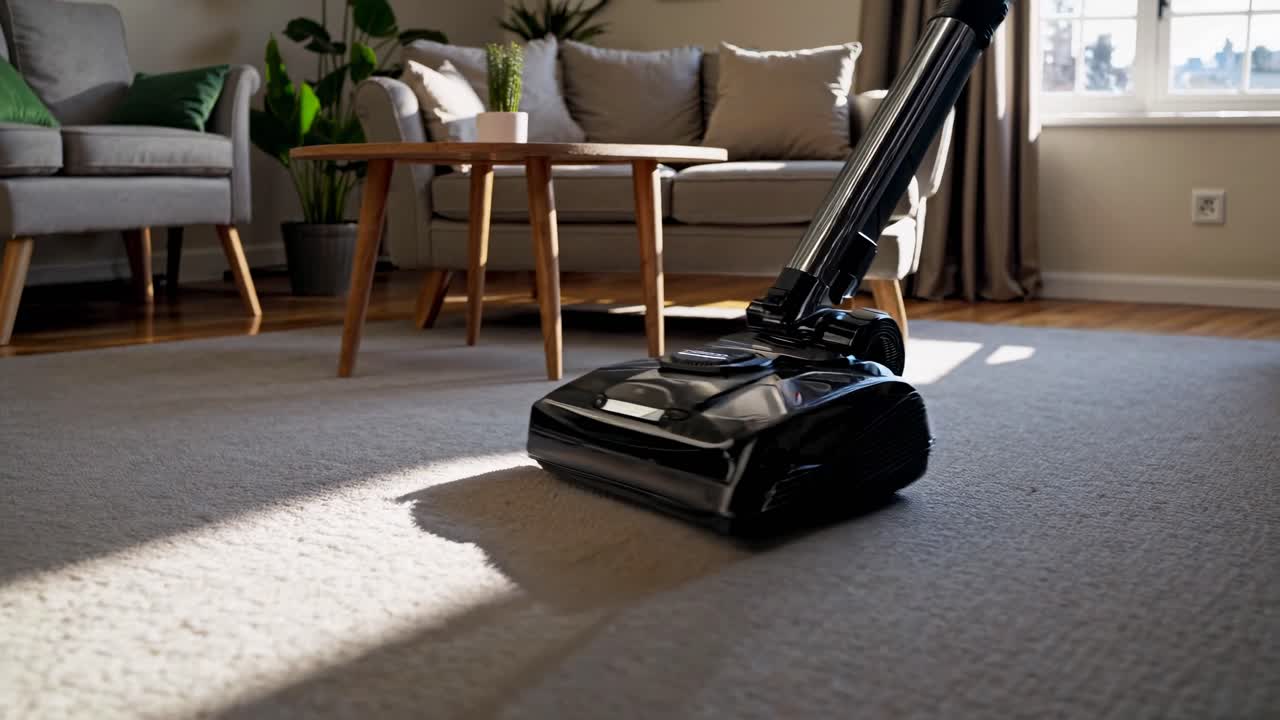 Low-angle video of a vacuum cleaner on a sunlit carpet in a cozy living room