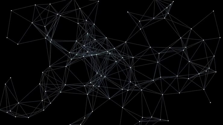 Connessione di rete digitale astratta con nodi e linee bianche in movimento