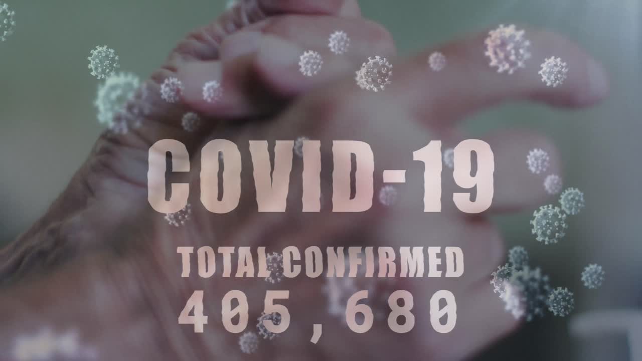 손을  ⁇ 는 남자 위의 코로나 19 텍스트의 애니메이션