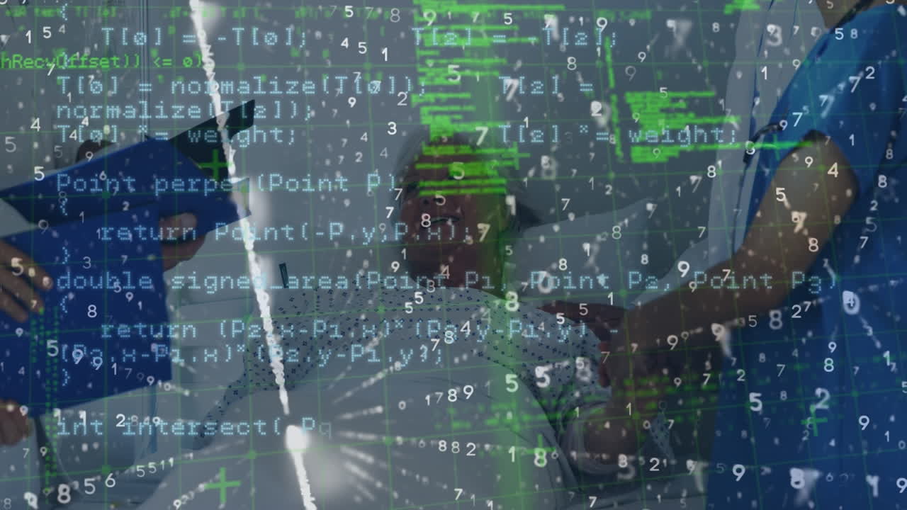 animatie van gegevensverwerking over de middelste sectie van verschillende artsen en senior vrouwelijke patiënt