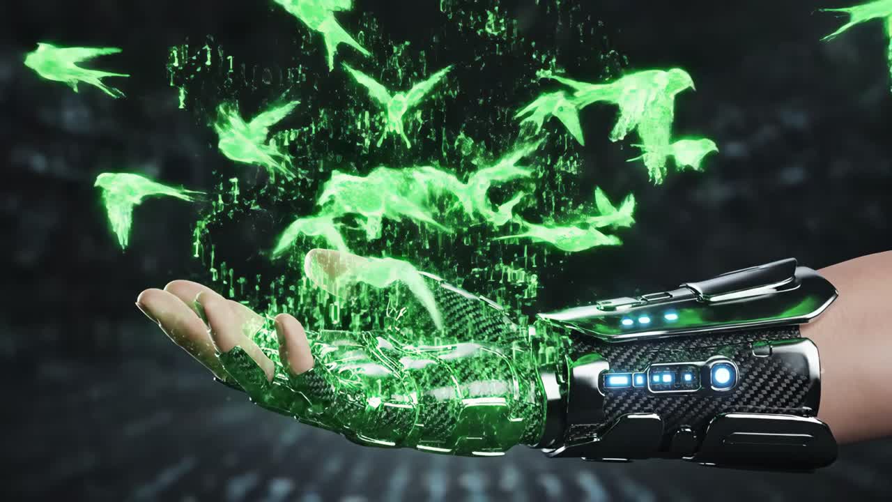 Futuristic Cyborg Hand with Digital Data and Holographic Birds