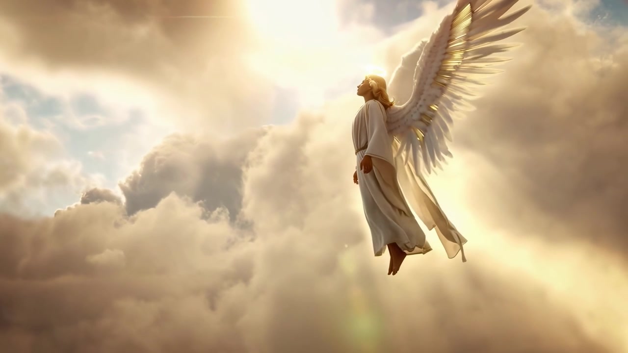 Ethereal Angel with Glowing Halo and Wings in the Sky