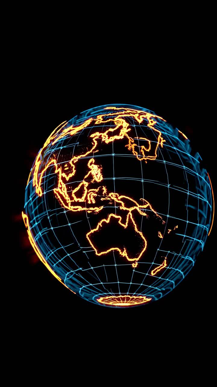Futuristic video concept of a glowing digital globe with neon lines, viewed from a high angle