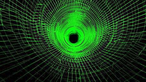 volando a través de un túnel de plexo digital de color verde sobre un fondo negro, bucle sin costuras. animación. vuelo 3d a través del túnel de matriz