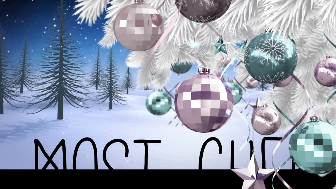 animación de saludos de navidad texto con santa claus en trineo con renos sobre el paisaje de invierno.