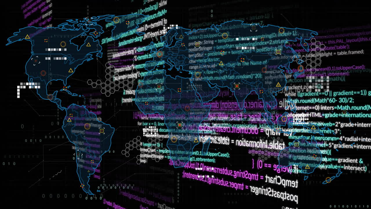 Animation of multicolored computer language, geometric shapes on map over black background