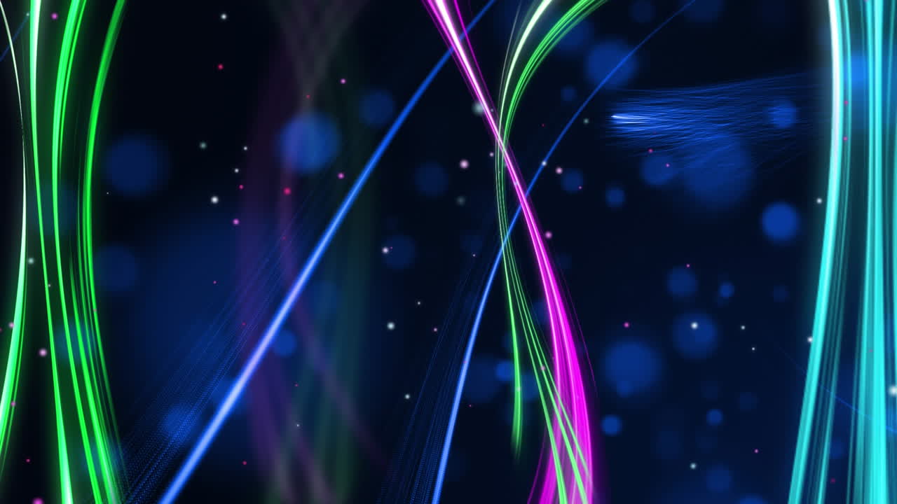 Animation of glowing multicoloured light trails over blue spots in background
