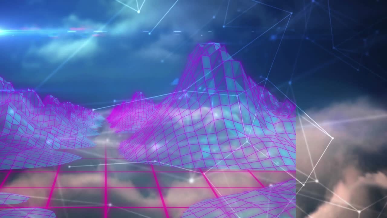 Animation of mountains and clouds over network of connections