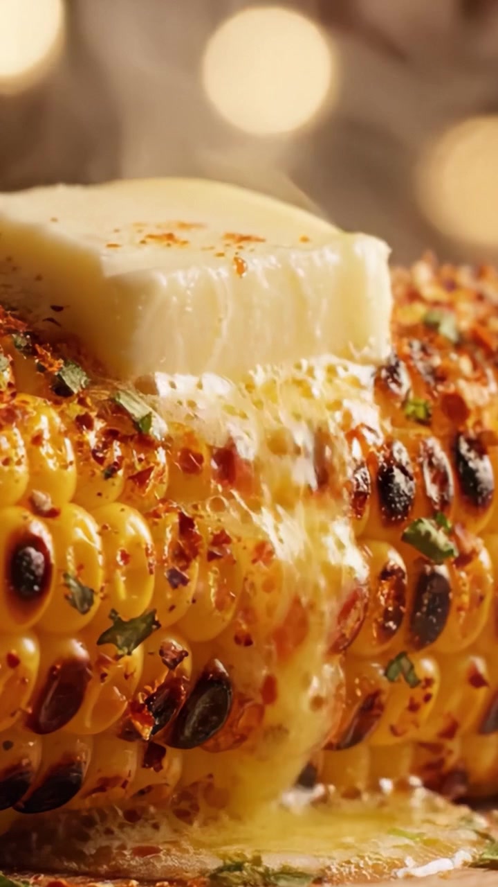Köstlich gegrillter Maiskolben: Eine Gaumenfreude, garniert mit Butter, Gewürzen und frischen Kräutern, perfekt für Sommergrillpartys und Feste im Freien
