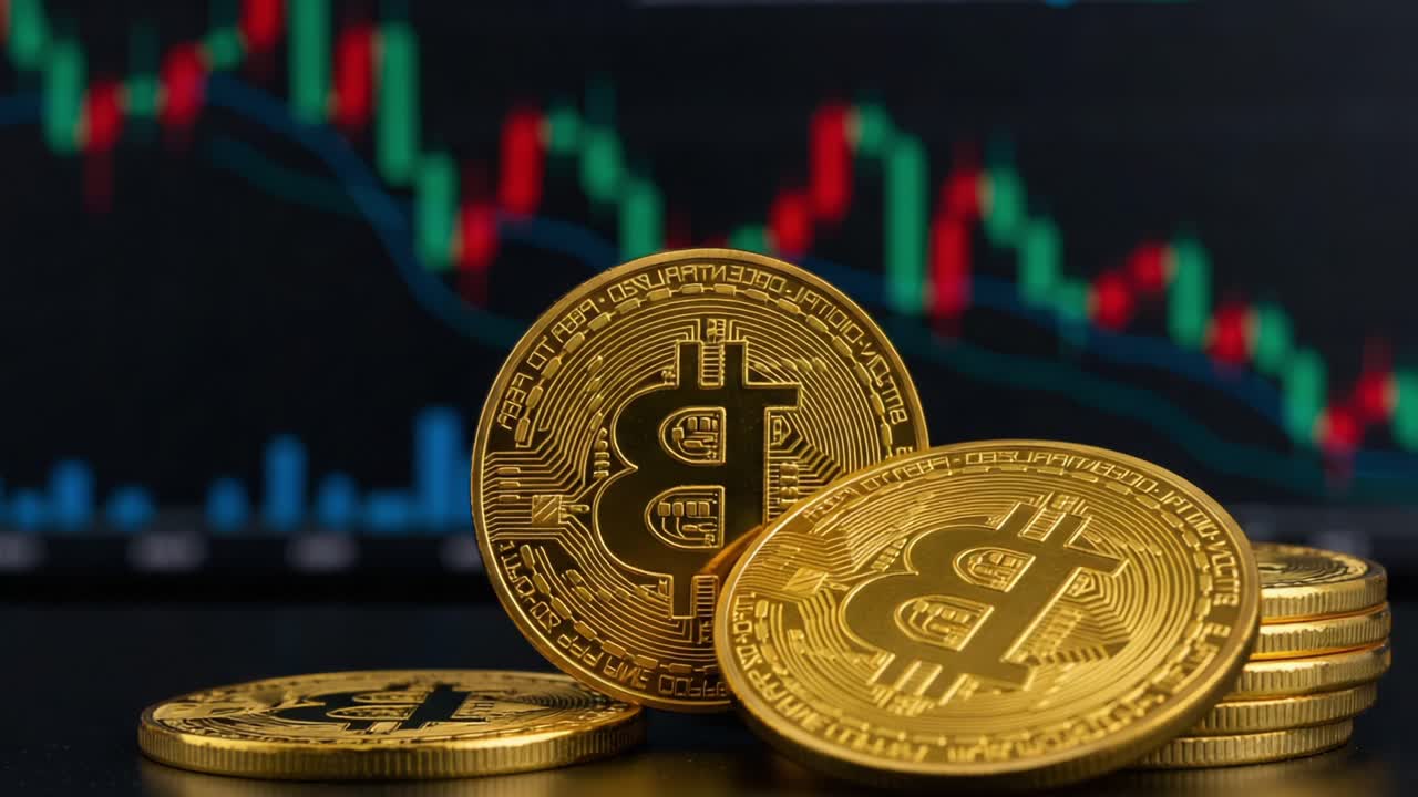 Dynamic Representation of Cryptocurrency Market with Bitcoin Coins in Focus, Showcasing Price Graph Fluctuations and Trading Trends