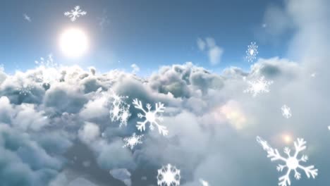 Snowflakes-falling-against-shining-sun-and-clouds-in-the-blue-sky
