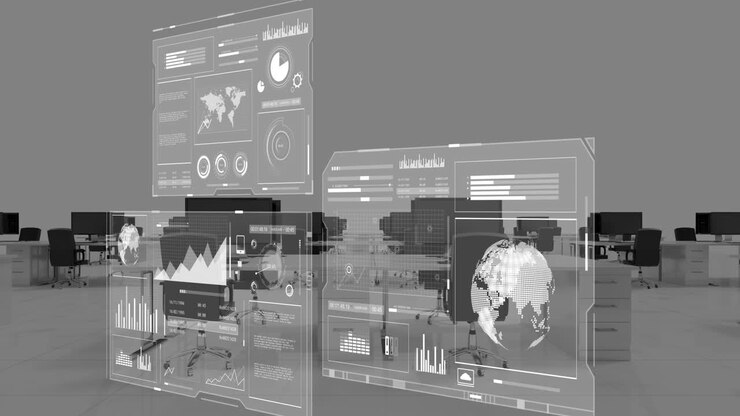 Animation of interface with data processing against empty office