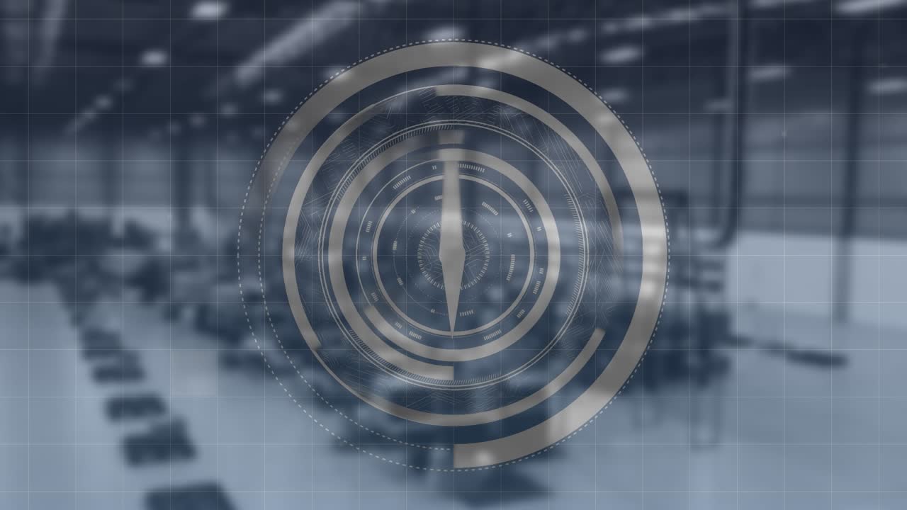 Animation of compass and clock over blurred warehouse