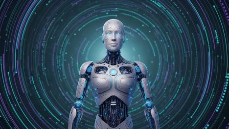a futuristic robot standing confidently amidst a dynamic circular digital background, showcasing advanced design and technology in robotics and artificial intelligence