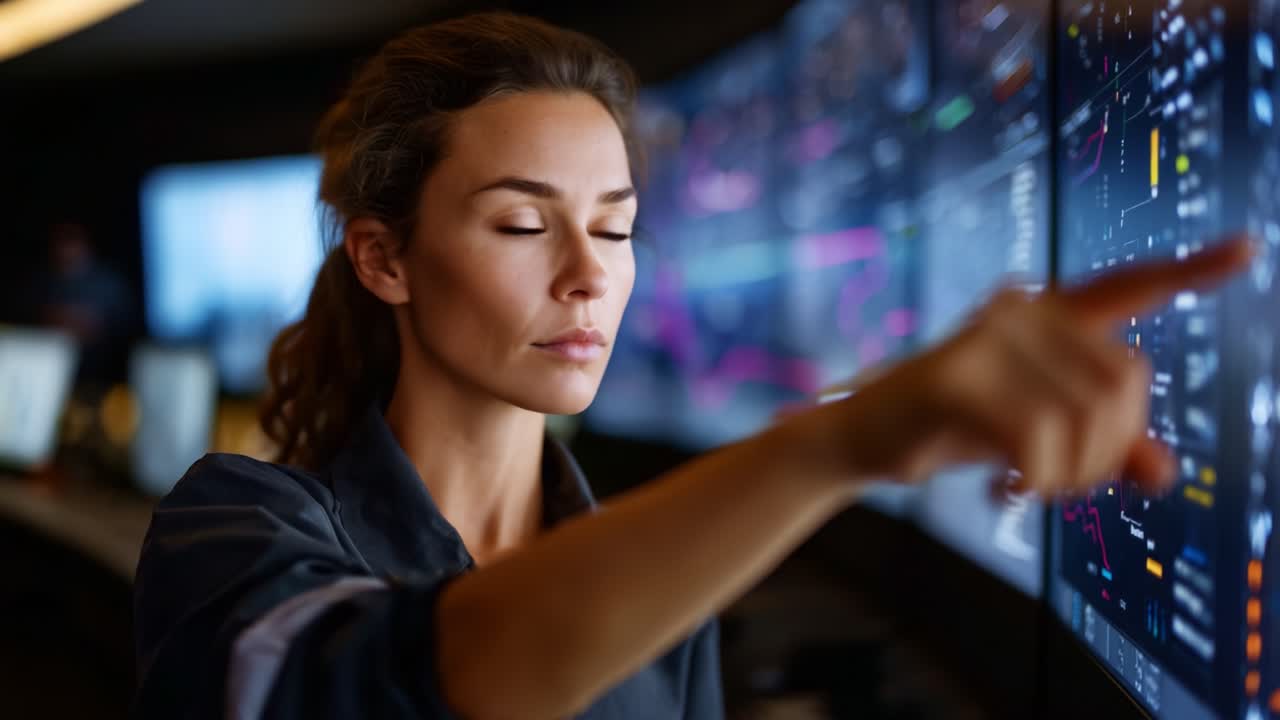 Focused Professional Analyzing Data in a High-Tech Control Room with Multiple Digital Displays Showcasing Complex Information and Graphs