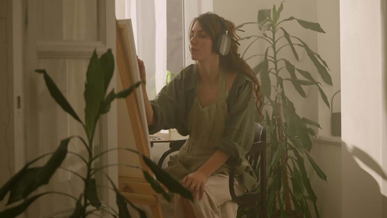 Donna che dipinge nel suo studio d'arte