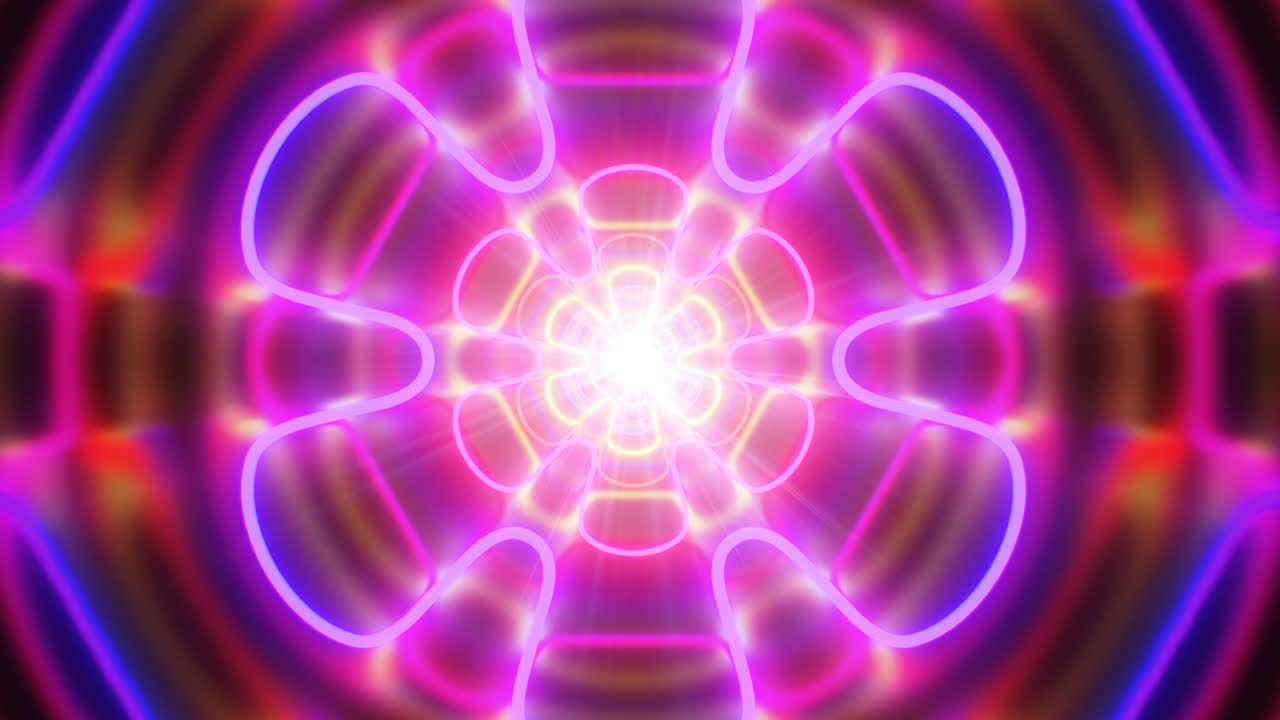abstract neon glow laser flower petal shape endless tunnel reflection - 4k seamless vj loop motion background animation