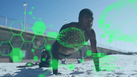 Animation-of-data-processing-over-african-american-man-exercising-at-beach