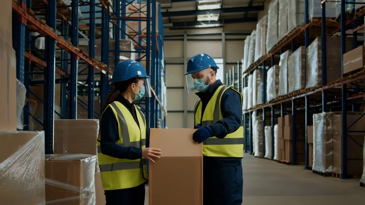 Warehouse Workers Handling Boxes with Personal Protective Equipment
