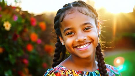 portrait of a smiling girl with braids in a garden