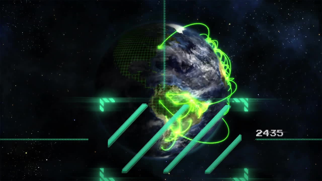 Earth with glowing green lines and digital elements in space animation