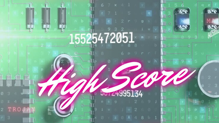 Animation of high score text over data processing and computer circuit board