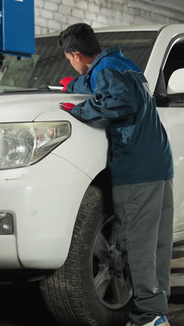 mecánicos que trabajan en jeeps blancos en el garaje, uno arreglando limpiadores, otro inspeccionando el neumático trasero, realizando mantenimiento de automóviles en el taller de reparación de automóviles, servicio de automóviles en el taller