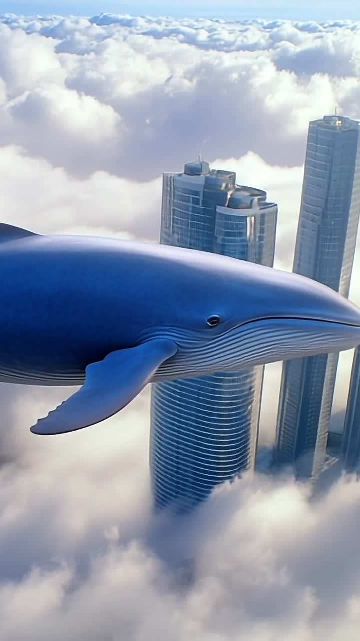 Whale soaring above towering skyscrapers