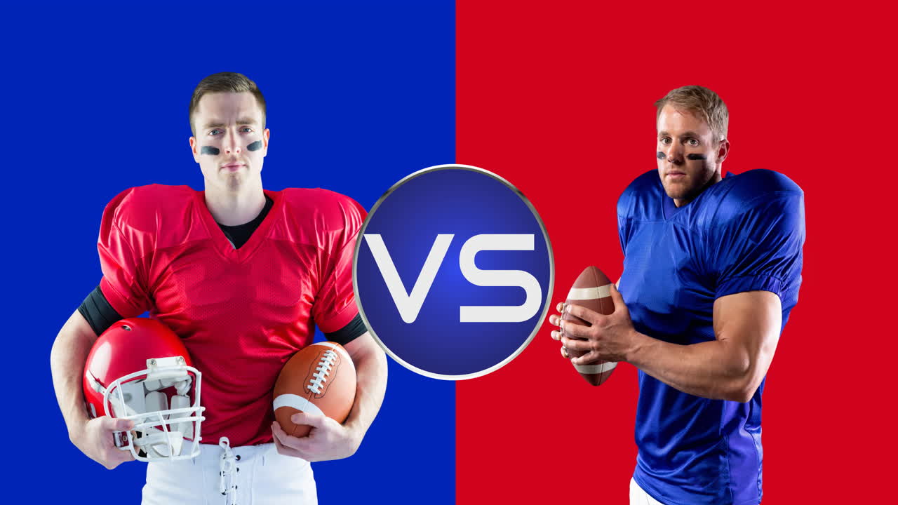 Animation of vs text over american football players from two teams on red and blue backgrounds