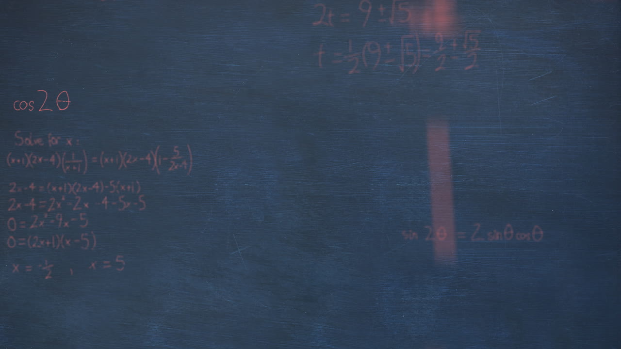 animación de ecuaciones y fórmulas matemáticas flotando contra el fondo azul de la pizarra