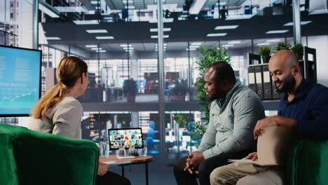 corporate video call featuring teamwork among diverse business associates