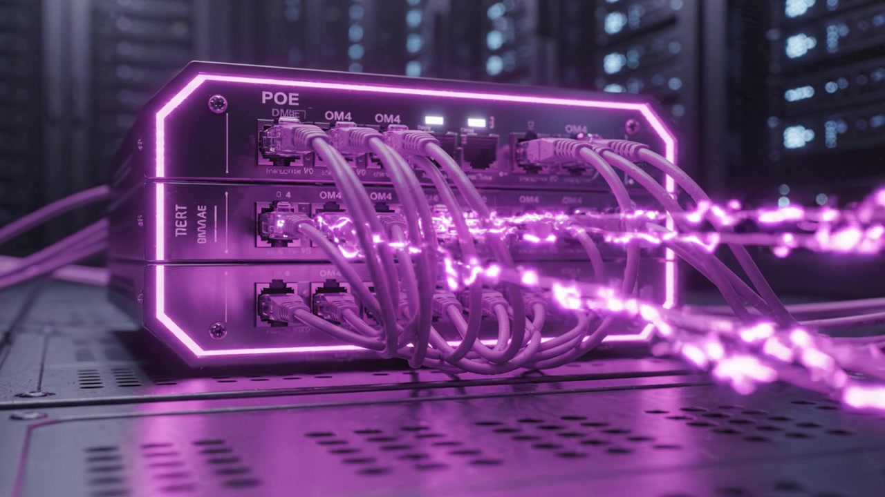 Illuminated Server Equipment with Cables in a High-Tech Data Center Environment Showcasing PoE Technology and Network Connectivity in a Modern Setup