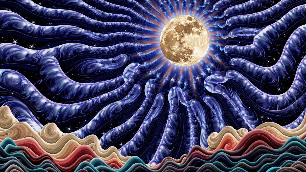 Surreal video concept with swirling waves and a radiant moon