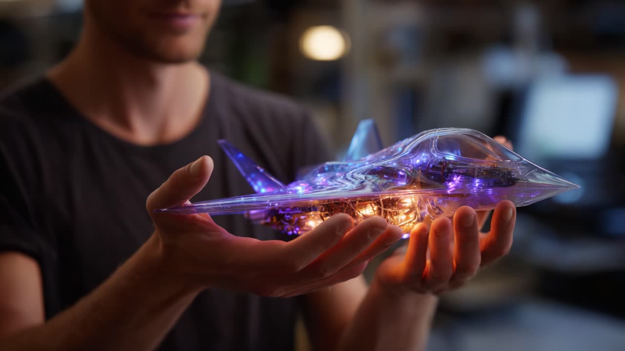 A person holds a beautifully designed futuristic model aircraft, illuminated with glowing lights, showcasing innovative technology and artistic craftsmanship
