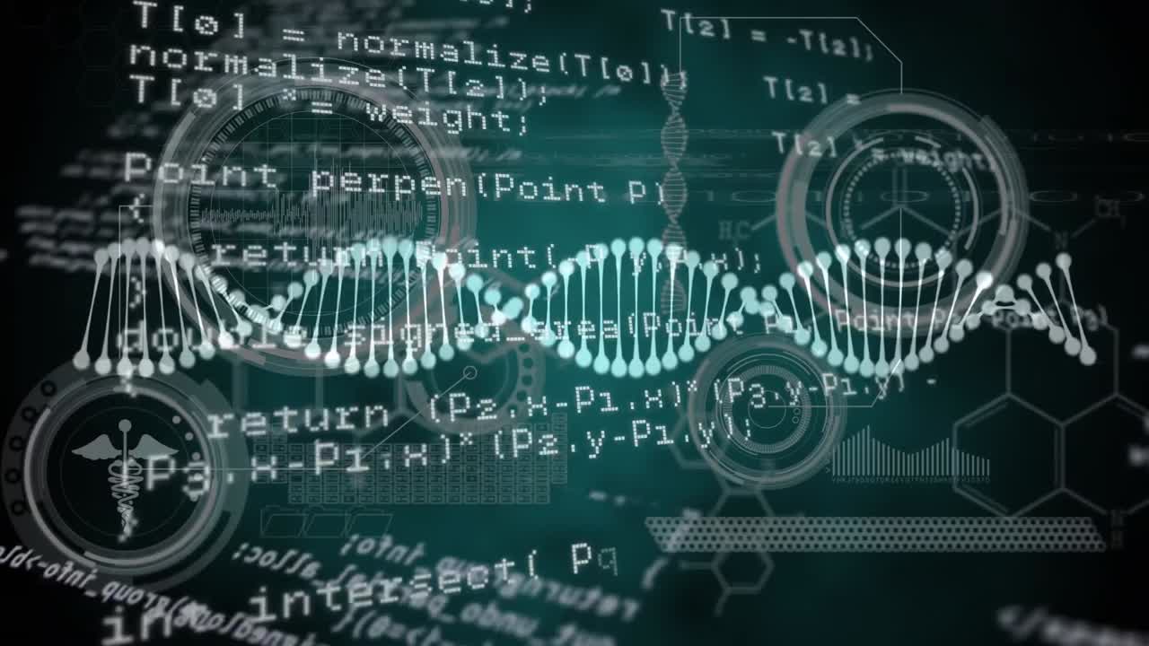 검은색 배경에 있는 dna 줄의 애니메이션과 데이터 처리
