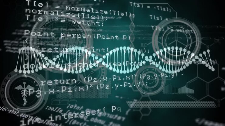 Animation of dna strand and data processing over black background
