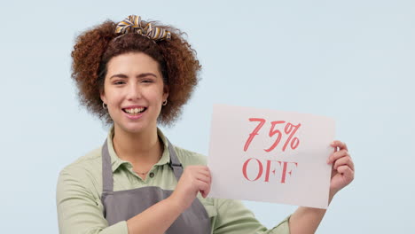 Woman,-server-and-discount-sign-for-promotion