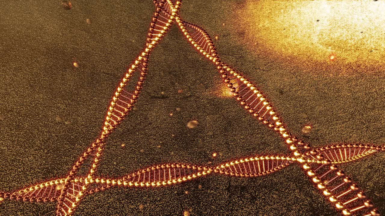 dna 분자의 소용돌이와 함께 황금 기하학적 배경 3d 렌더링 루프 4k