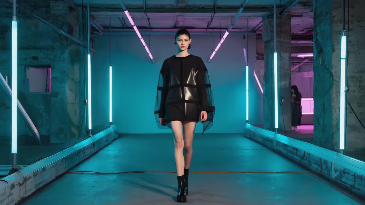 Fashion show in an underground tunnel with neon lights