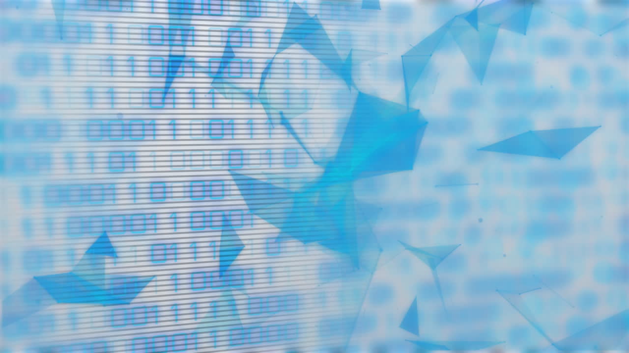 이진 코드 및 기하학적 모양의 애니메이션을 파란색 추상적인 배경으로