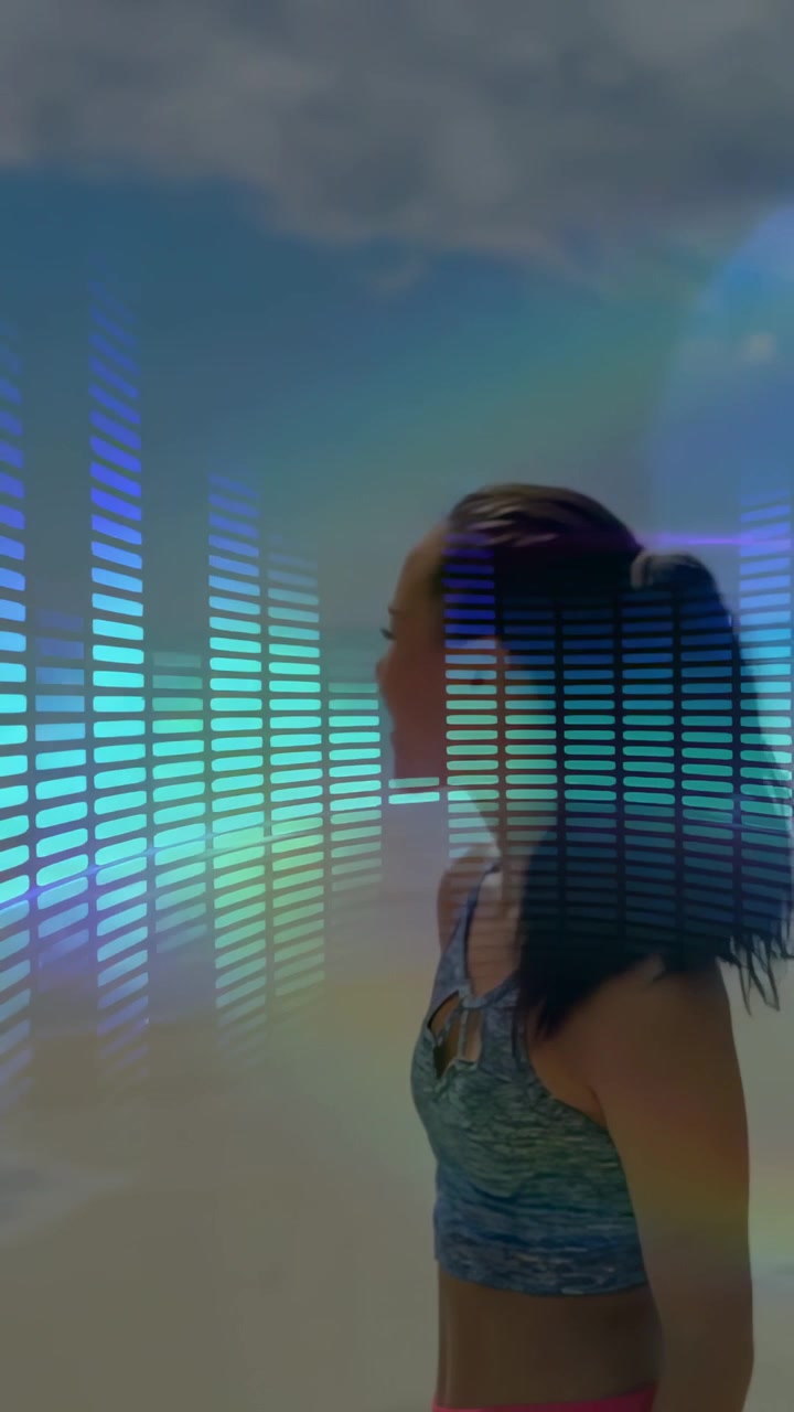 Vídeo vertical: Barras subindo, clarão flutuando, desenhando mulher andando, virando para o oceano, áudio mesclando