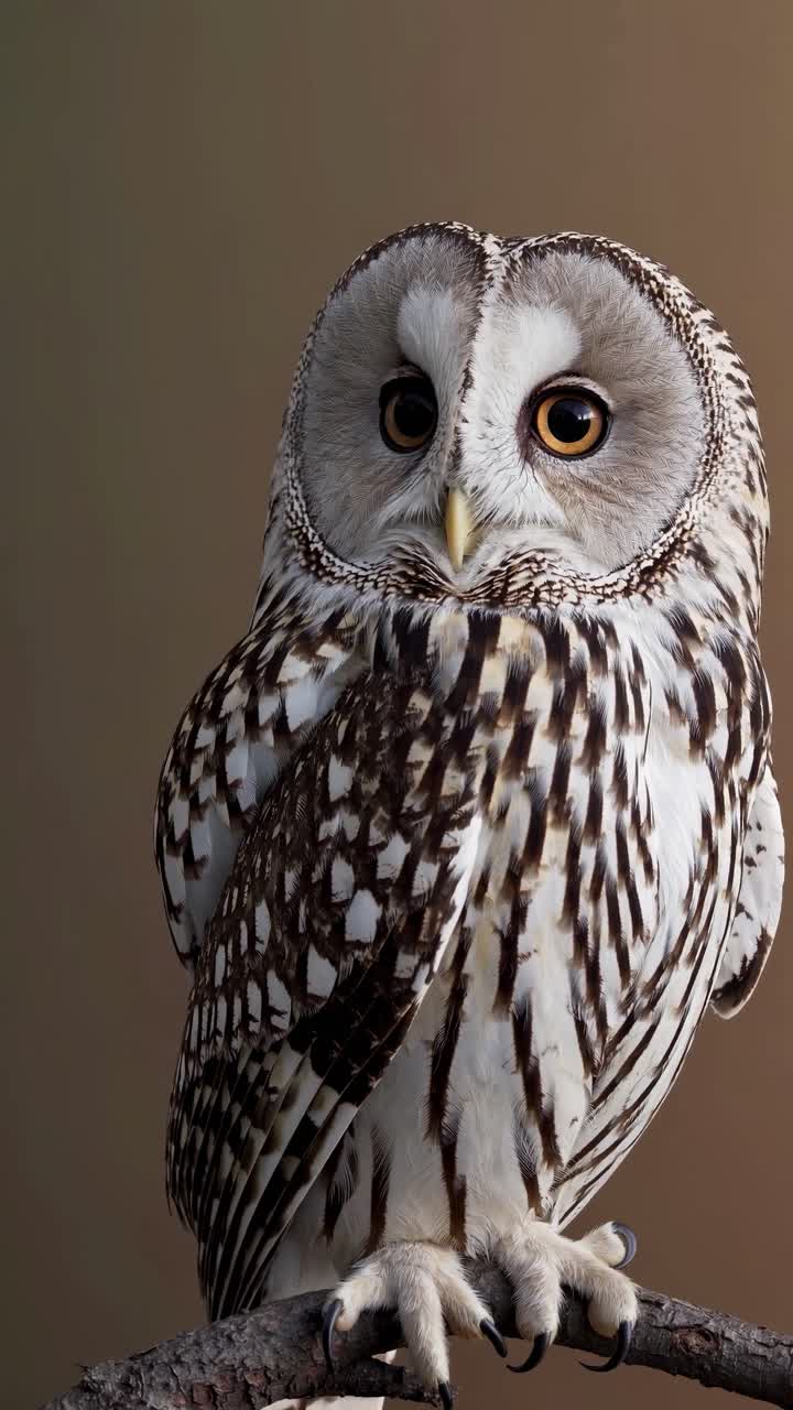 Close-up of a brown and white owl perched on a branch. The owl's striking eyes and detailed feathers