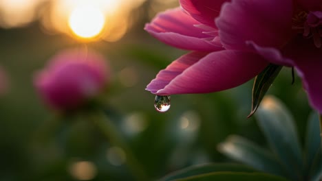 captivating close-up of a pink peony flower petal with a glimmering water droplet at sunset, showcasing nature’s beauty and delicate details