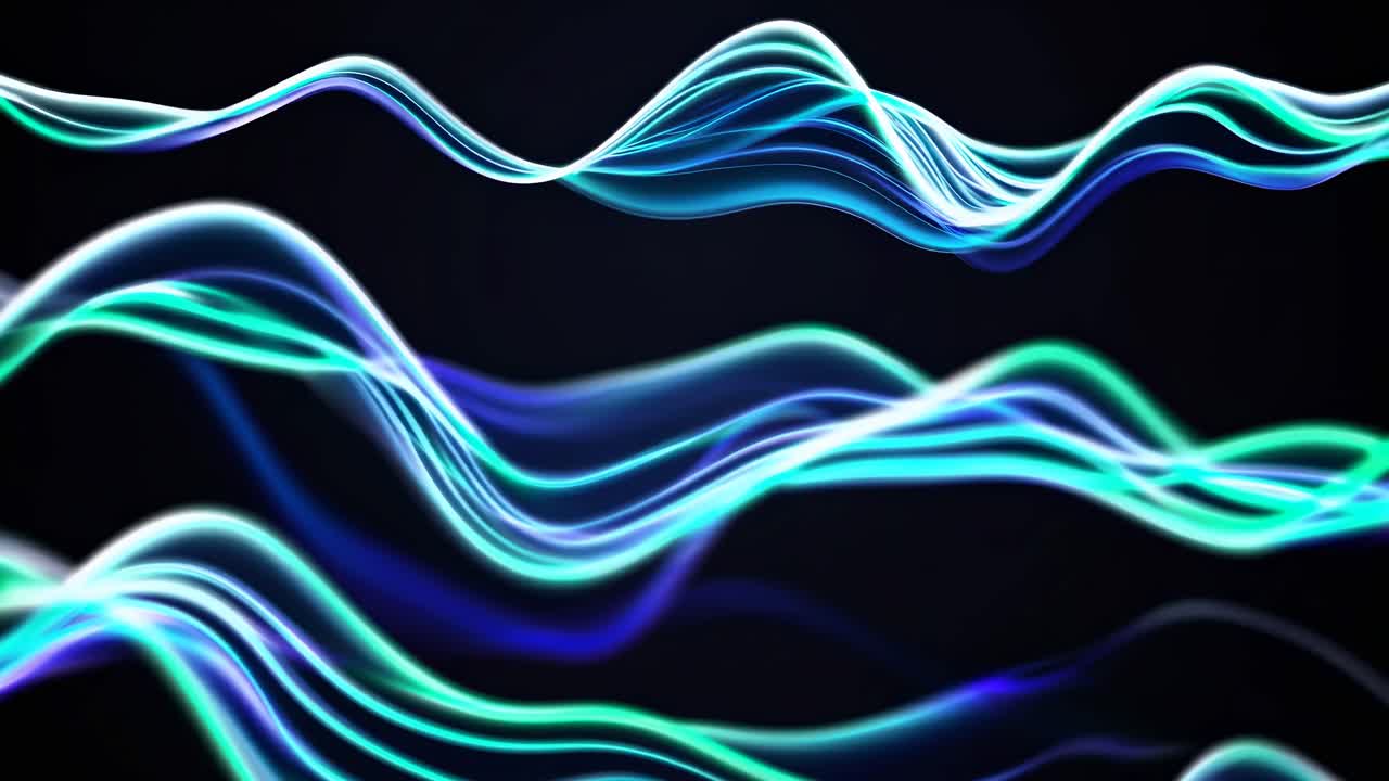 Dynamic video concept with flowing neon light waves on a dark background