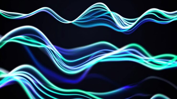 Concetto di video dinamico con onde di luci al neon che scorrono su sfondo scuro