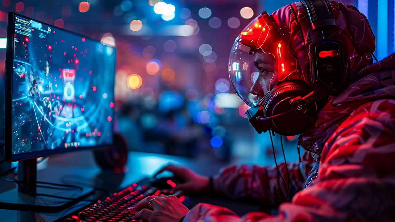 Gamer in headset competes. A gamer in a colorful headset and helmet is intensely focused on the screen at a nighttime esports tournament