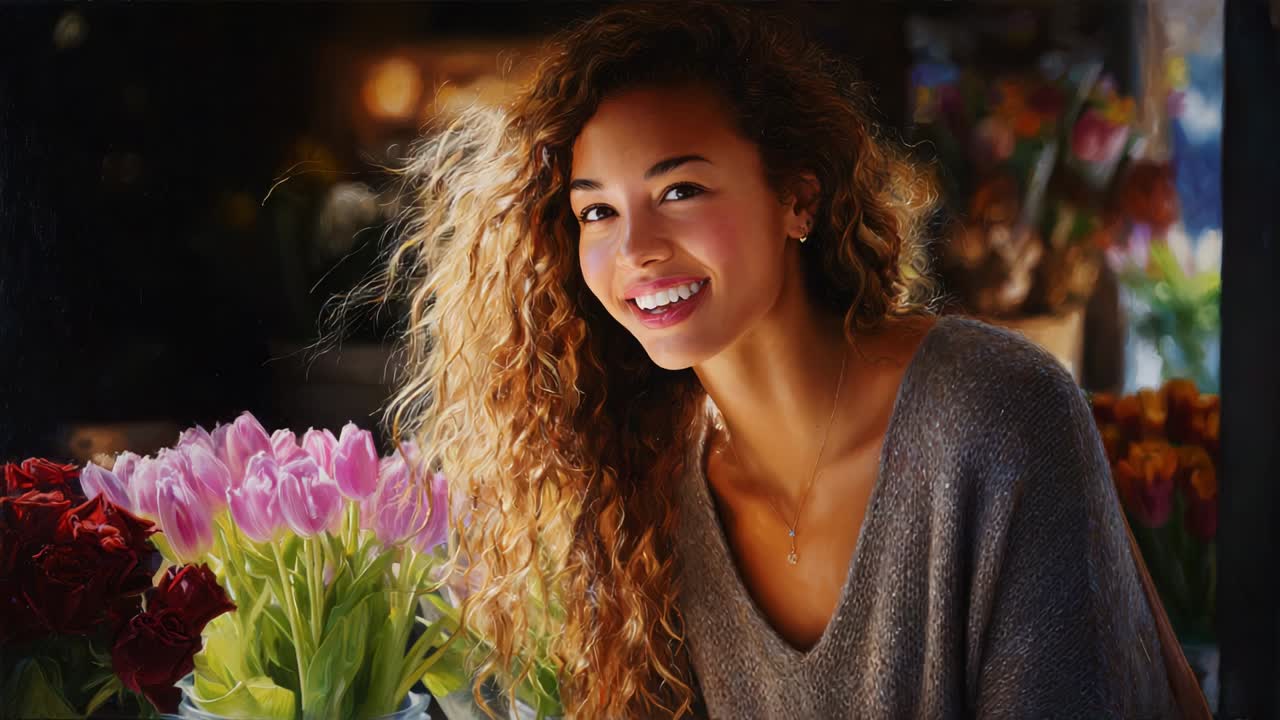A Bright and Cheerful Young Woman with Curly Hair Exudes Joy While Posing with Colorful Tulips in a Vibrant Flower Shop Setting, Showcasing Natural Beauty and the Essence of Springtime Happiness