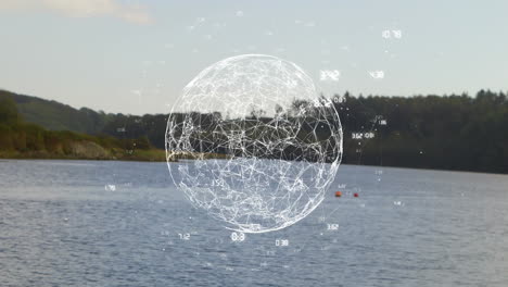 Network-connections-and-data-points-animation-over-serene-lake-and-forest-background