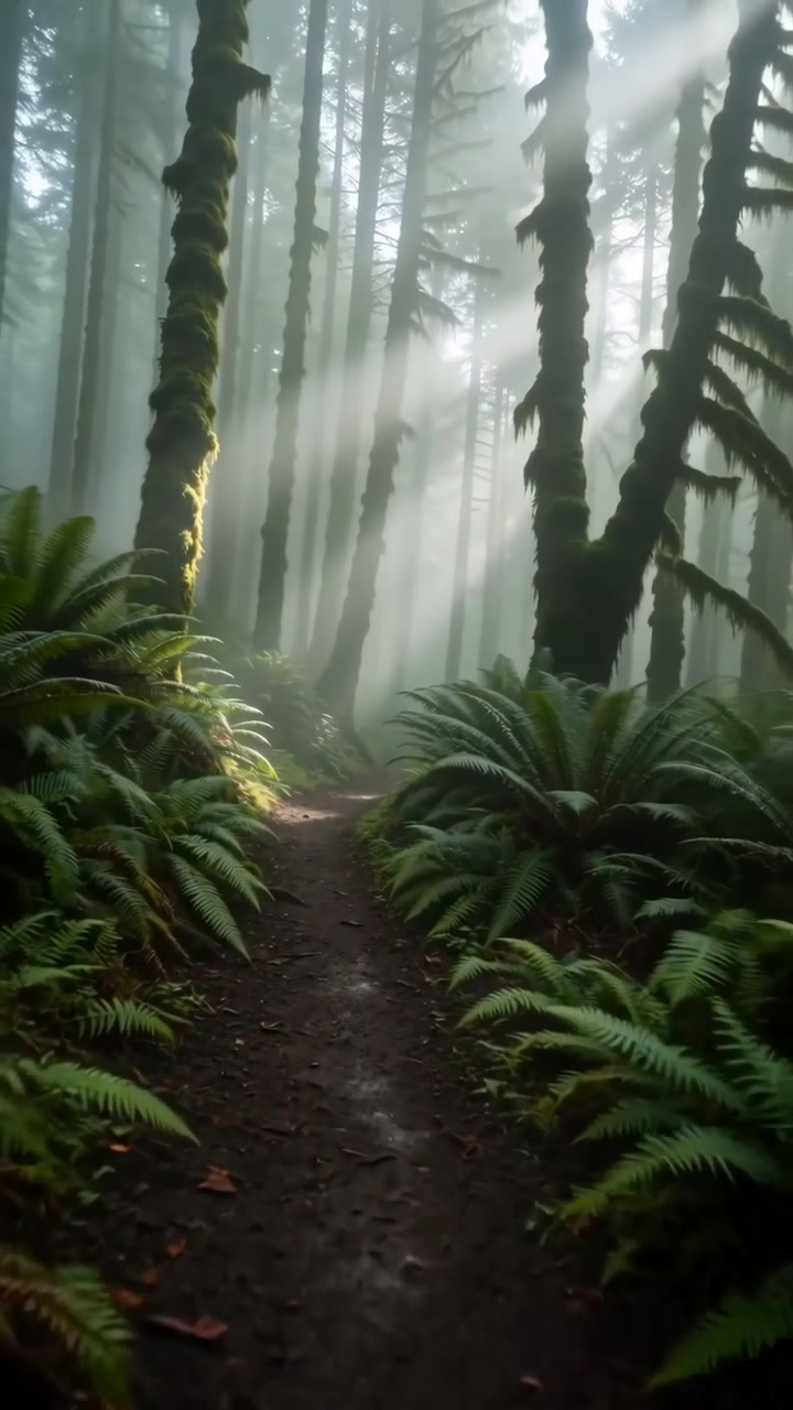 Sequenza naturalistica cronologica che mostra uno stretto sentiero sterrato centrato in primo piano che progredisce da un inizio nebbioso del sentiero verso una radura distante entro la fine della clip.